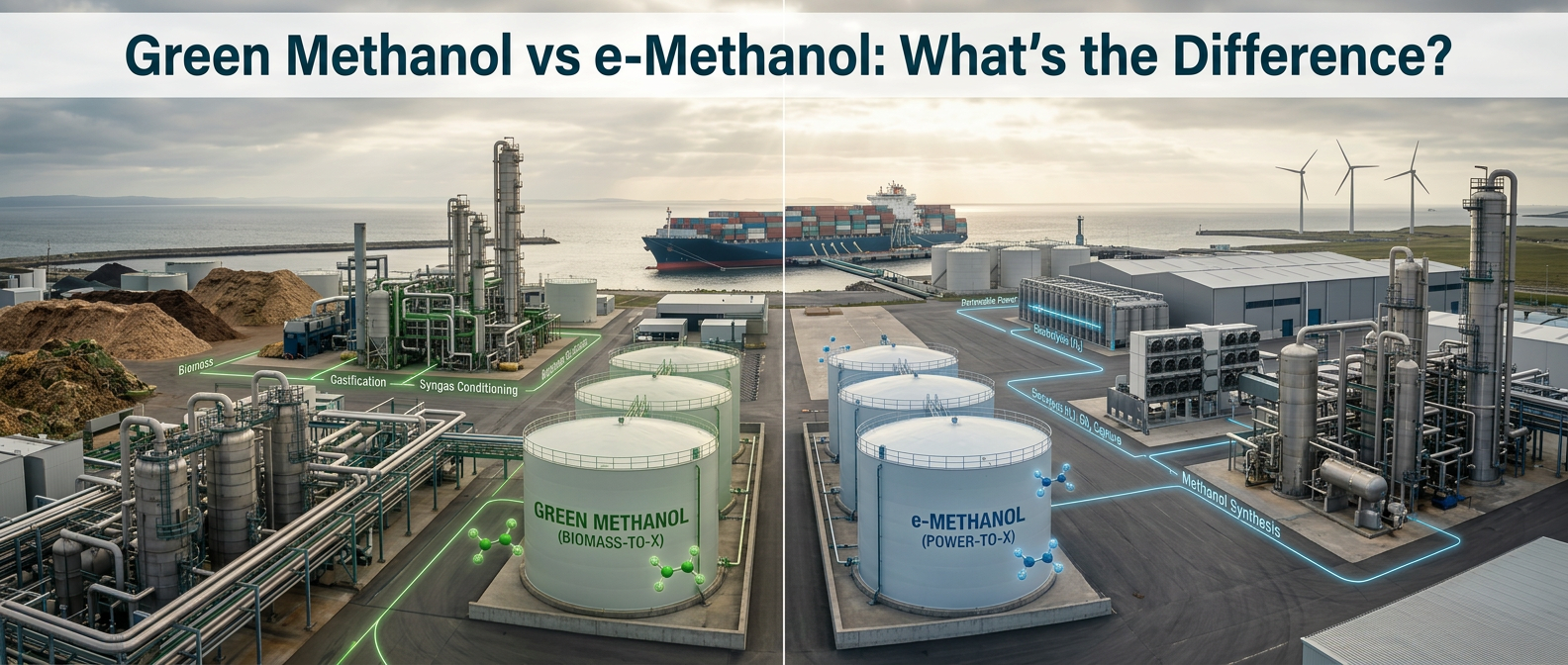 Firefly_Gemini Flash_Update title to - Green Methanol vs e-Methanol- What’s the Difference-. Also, the tit 947585